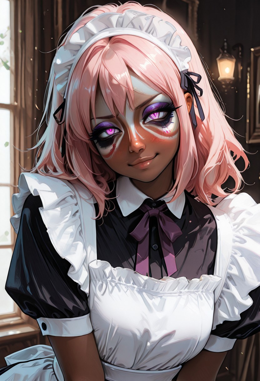 HDR, 8K, masterpiece, best quality, amazing quality, very aesthetic, absurdres, newest, (scenery, volumetric lighting),depth of field, 1girl,solo,,(album cover) , eyeliner,long pink hair, purple eyes, maid outfit, (by j.k. :1.3), realistic, nose, lips, 1girl, solo,portrait, upper body, looking at viewer, (head tilt:1.2), smug, nose blush, yandere, dark background, dark theme, glowing eyes, thick eyelashes, gesugao, slit pupils, masterpiece, best quality, amazing quality, very aesthetic,,sleek,   pout, vladivostok, historical, stream,day, smog,solo focus,(shiny skin:0.7),masterpiece, best quality, amazing quality, very aesthetic, absurdres, newest, (scenery, volumetric lighting),depth of field,  <lora:CivChan:1> <lora:nhl-002:0.5> nhl-002 <lora:nhl-003-naii:0.5>nhl-003<lora:nhl-004-wai:0.85>nhl-004,white facepaint makeup,Yamanba,dark skin