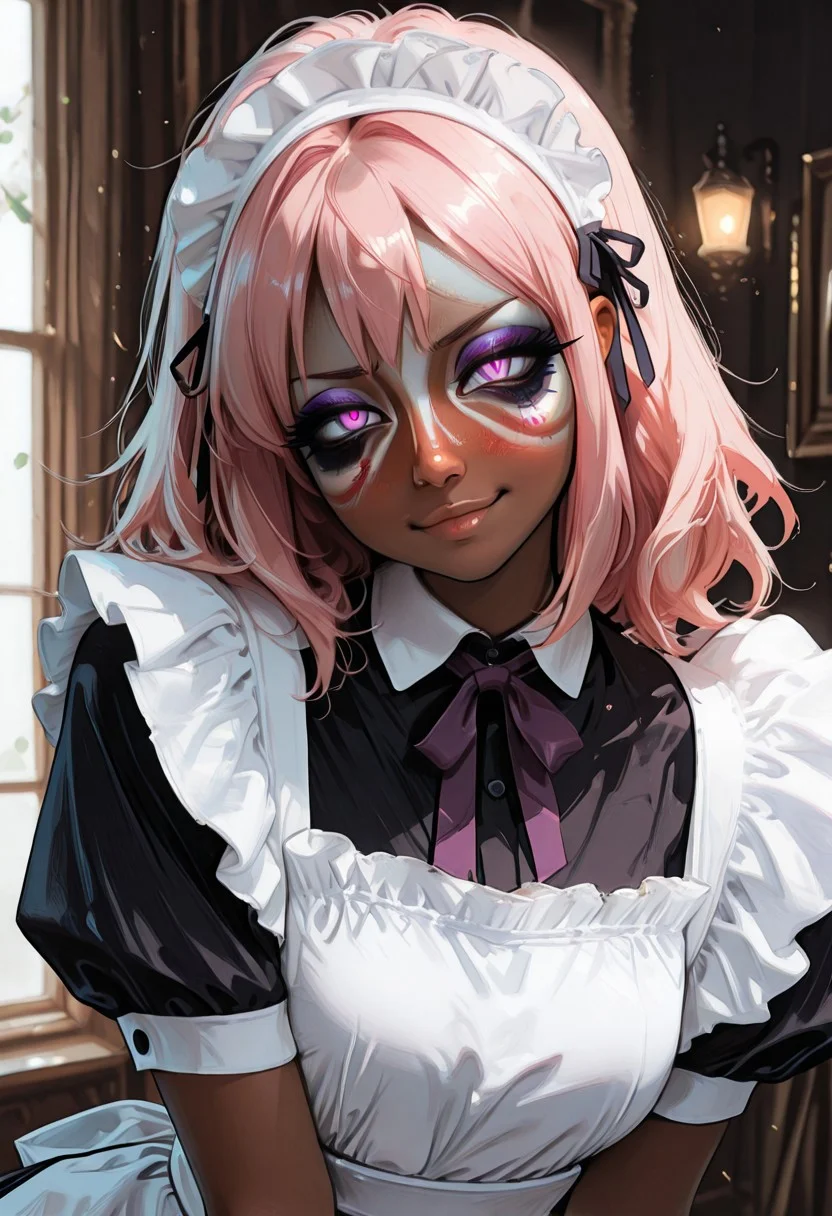 HDR, 8K, masterpiece, best quality, amazing quality, very aesthetic, absurdres, newest, (scenery, volumetric lighting),depth of field, 1girl,solo,,(album cover) , eyeliner,long pink hair, purple eyes, maid outfit, (by j.k. :1.3), realistic, nose, lips, 1girl, solo,portrait, upper body, looking at viewer, (head tilt:1.2), smug, nose blush, yandere, dark background, dark theme, glowing eyes, thick eyelashes, gesugao, slit pupils, masterpiece, best quality, amazing quality, very aesthetic,,sleek, pout, vladivostok, historical, stream,day, smog,solo focus,(shiny skin:0.7),masterpiece, best quality, amazing quality, very aesthetic, absurdres, newest, (scenery, volumetric lighting),depth of field, <lora:CivChan:1> <lora:nhl-002:0.5> nhl-002 <lora:nhl-003-naii:0.5>nhl-003<lora:nhl-004-wai:0.85>nhl-004,white facepaint makeup,Yamanba,dark skin