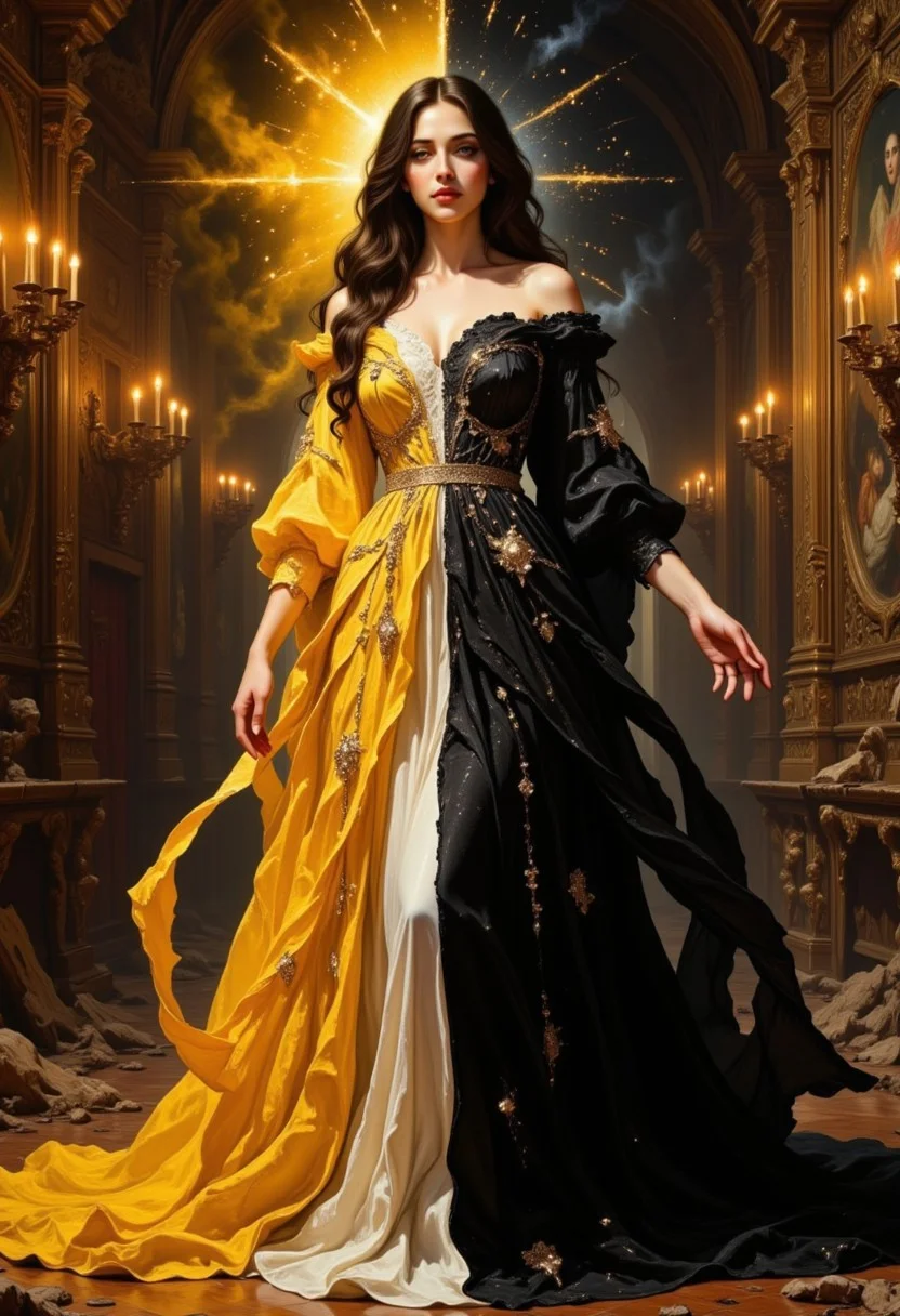 A mixed Renaissance and modern are inspired oil painting of a woman standing in the center of a split reality, one half of the scene bathed in ethereal golden light where everything is pristine, the other cast in deep, endless shadow where everything is old and decaying. She wears an extravagant two-toned gown, the left side a pure, luminous gold-threaded silk and white diamonds, flowing like liquid sunlight, while the right side is black as void and black diamonds, its fabric seeming to swallow surrounding light. Her golden eye glows with divine radiance, while her darkened eye seems to be an endless abyss, flickering with faint, moving stars. The grand hall she stands in is divided down the center—one side rich with intricate Renaissance tapestries and warm candlelight, the other a crumbling, decayed version of itself, where shadows move unnaturally. She lifts her hand, and reality itself begins to fracture around her fingertips, as if she alone controls the balance between illumination and oblivion.