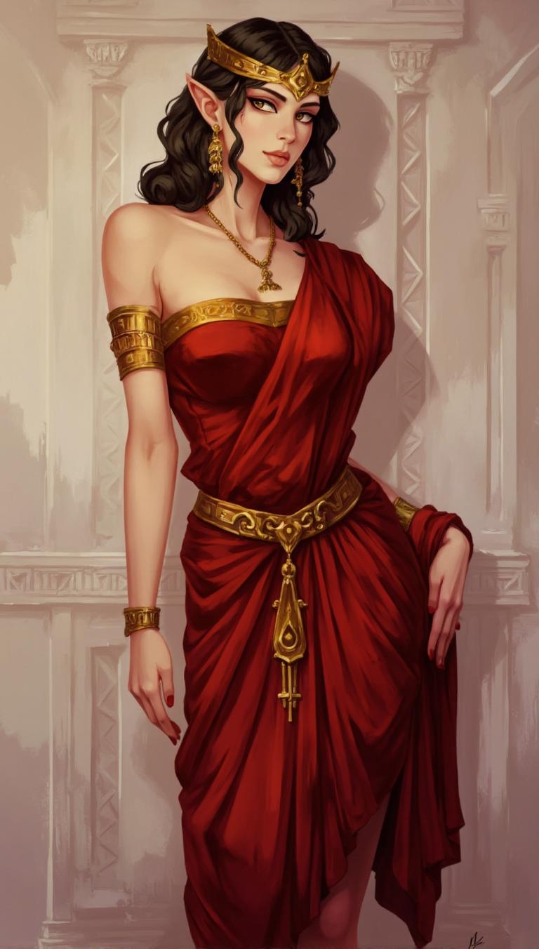 <lora:ck-LttleGhost-000011.safetensors:1> in the style of ck-lttlegh0stA digitally created image of a healthy woman with an enigmatic expression, wearing a stunning red and gold outfit inspired by ancient Greece. The soft lighting highlights her fair skin and creates an otherworldly ambiance. Her refined features are accentuated by the minimalist background, as she presents herself with poise and sophistication.