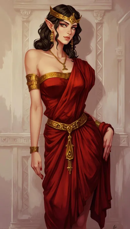 <lora:ck-LttleGhost-000011.safetensors:1> in the style of ck-lttlegh0stA digitally created image of a healthy woman with an enigmatic expression, wearing a stunning red and gold outfit inspired by ancient Greece. The soft lighting highlights her fair skin and creates an otherworldly ambiance. Her refined features are accentuated by the minimalist background, as she presents herself with poise and sophistication.