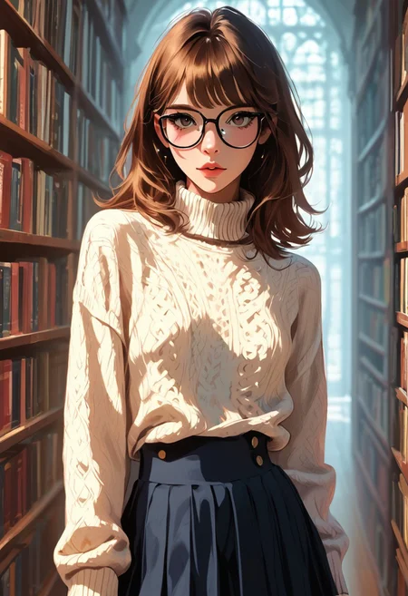 masterpiece, best quality, highly detailed, ultra-realistic, score_9, score_8_up, score_7_up, score_6_up, source_cartoon,  
BREAK  
1girl, slim waist, small breasts, pale skin, light makeup, long brown hair, messy strands, glasses, cozy sweater, pleated skirt, library setting, bookshelves, books, view from front, soft focus, depth of field.  
BREAK  
library aesthetic, intellectual elegance, raw sensuality, dynamic light, warm_light, vibrant colors warm_colors, soft focus, high contrast, textured surfaces, depth of field, dramatic shadows, rich details, library-inspired color palette, cinematic composition, view from front.