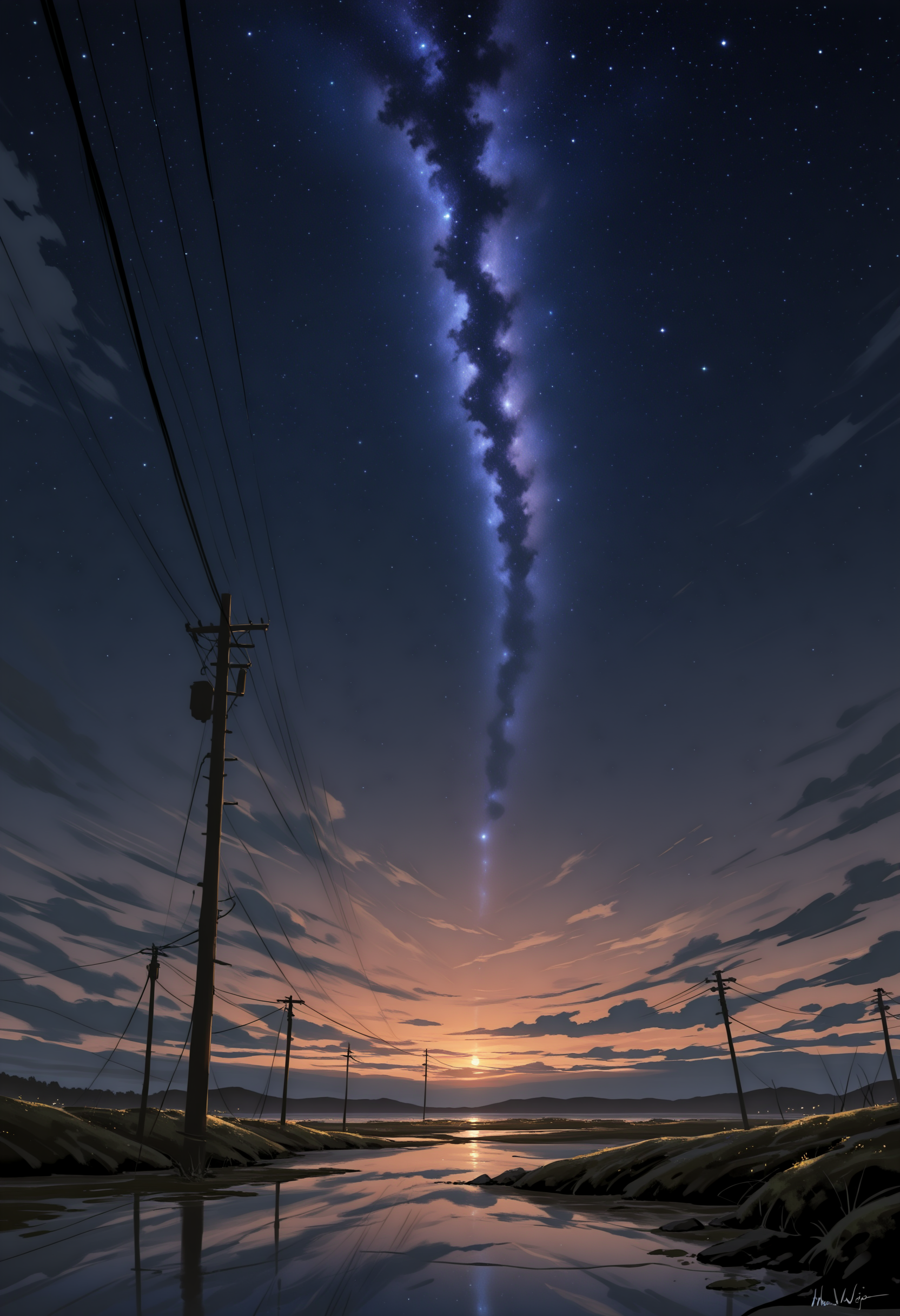 mocha \(cotton\), wlop,himitsu \(hi mi tsu 2\), huashijw,
masterpiece, general,
amazing quality, very aesthetic, absurdres, newest, gradient colors, bright, background, masterpiece, best quality, amazing quality, very aesthetic,ambient occlusion, intricate background, low lighting, highly detailed,
cloud,
cloudy sky,
horizon,
moss,
night,
night sky,
power lines,
reflection,
scenery,
signature,
sky,
solo,
star (sky),
starry sky,
utility pole,
water,
<lora:NOOB_vp1_detailer_by_volnovik_v1:0.7>