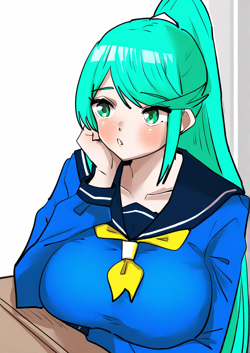 <lora:Kntaid_r1:1>,1girl, pneuma (xenoblade), huge breasts, alternate costume, blue serafuku, blush, breasts, collarbone, desk, green eyes, green hair, grey background, hand on own cheek, hand on own face, long hair, long sleeves, looking afar, neckerchief, ponytail, school uniform, serafuku, solo, swept bangs, upper body, very long hair,