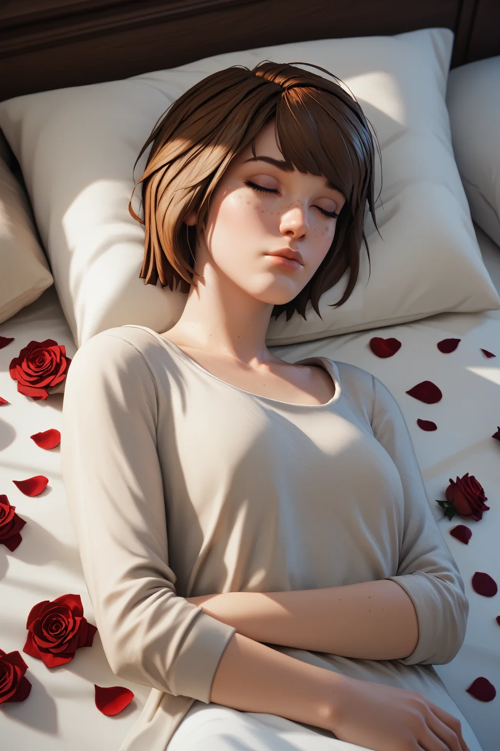 score_9, score_8_up, score_7_up,
<lora:LISMax:0.8>
LISMax, 1girl, brown hair, blue eyes, short hair, freckles, looking at viewer, sleeping in a bed, rose petals, closed eyes