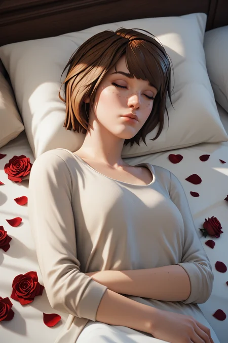 score_9, score_8_up, score_7_up,
<lora:LISMax:0.8>
LISMax, 1girl, brown hair, blue eyes, short hair, freckles, looking at viewer, sleeping in a bed, rose petals, closed eyes