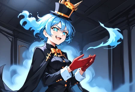 (masterpiece), (score_9, score_8_up, score_7_up,source_anime), 4K8K,
(from side), misty, steam, fog, Floating Halloween pumpkins,
halloween, halloween fantasy, (jakkRo),
(pumpkinhead woman, Pumpkinhead:1.4), (solo), blue flame, burning pumpkin, (dark aura:1.4), (smirk, half-opened mouth, Canine, tooth, fang1.2),
(medium figure:0.9), (pointy breasts:1.1),
(shining eyes),
(wearing black tuxedo, Miniature Hats, red gloves:1.2),
(emperor's audience room, dark room:1.3),