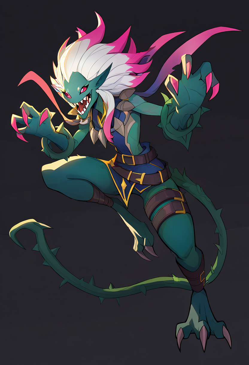 best quality,masterpiece,absurdres,newest,digimon new century,ncrender,solo,belts,digimon_(creature),plant monster,sharp teeth,briar_(league of legends),white hair,pink highlights,two-tone hair,pointy ears,full body,claw pose,tail, simple background,black background,covered in thorny vines