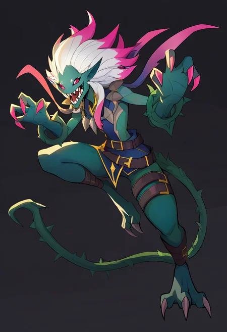 best quality,masterpiece,absurdres,newest,digimon new century,ncrender,solo,belts,digimon_(creature),plant monster,sharp teeth,briar_(league of legends),white hair,pink highlights,two-tone hair,pointy ears,full body,claw pose,tail, simple background,black background,covered in thorny vines