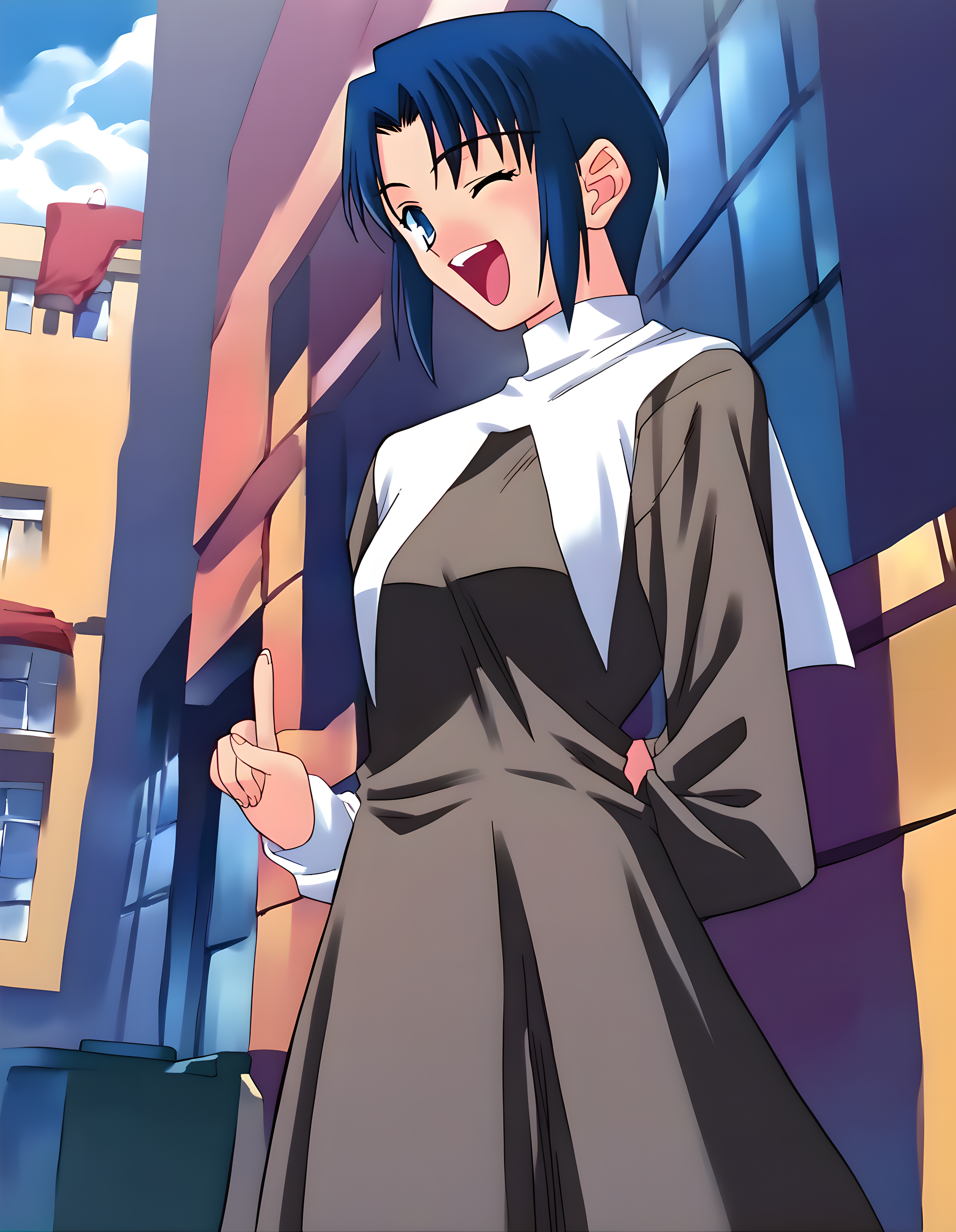 <lora:pony_xl_orig.ciel:0.9>,orig.ciel,score_9,score_8_up,score_7_up,source_anime,best quality,masterpiece,super fine illustration,1girl,solo,nun,dress,long_sleeves,sky,cloud,city,street,cowboy_shot,laughing,one-eyed wink,index_finger_raised,arm_behind_back,
