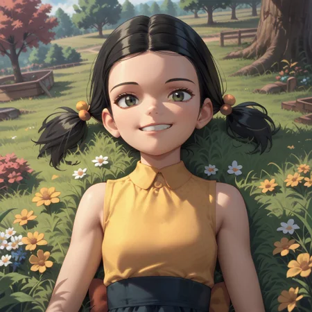score_9, score_8, score_7, break, solo, franny_mtr, 1girl, black hair, twintails, hair bobbles, sleeveless, dress, smile, upper body focus, on back, grass, tree, flowers,
