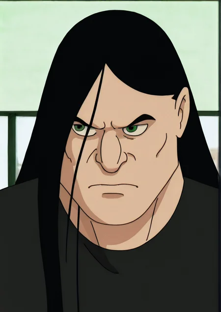 western animation style, d3thkl0k, 1male, solo, Nathan, black hair, long hair, black t-shirt, neutral expression, head turned looking left, close up, <lora:Metalocalypse_-_Dethklok:1.2>, supermarket background