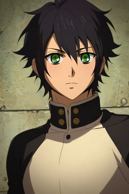 score_9, score_8_up, score_7_up, source_anime, , (realistic:0.6), looking at viewer, , , 1boy, solo, male focus, <lora:yuuichirou_hyakuya_pony:0.92>, yuuichirou_hyakuya, black hair, green eyes, short hair, hair between eyes, , dieselpunk, Arms linked with someone, indicating companionship, <lora:sdxl_lightning_8step_lora:1>