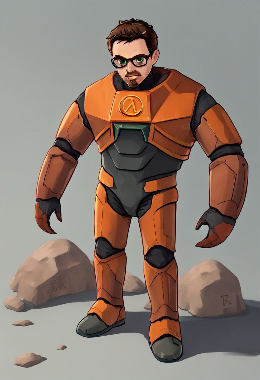 gordonfreeman, brown hair, short hair, facial hair, glasses, green eyes, power armor, crab on head