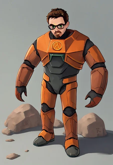 gordonfreeman, brown hair, short hair, facial hair, glasses, green eyes, power armor, crab on head