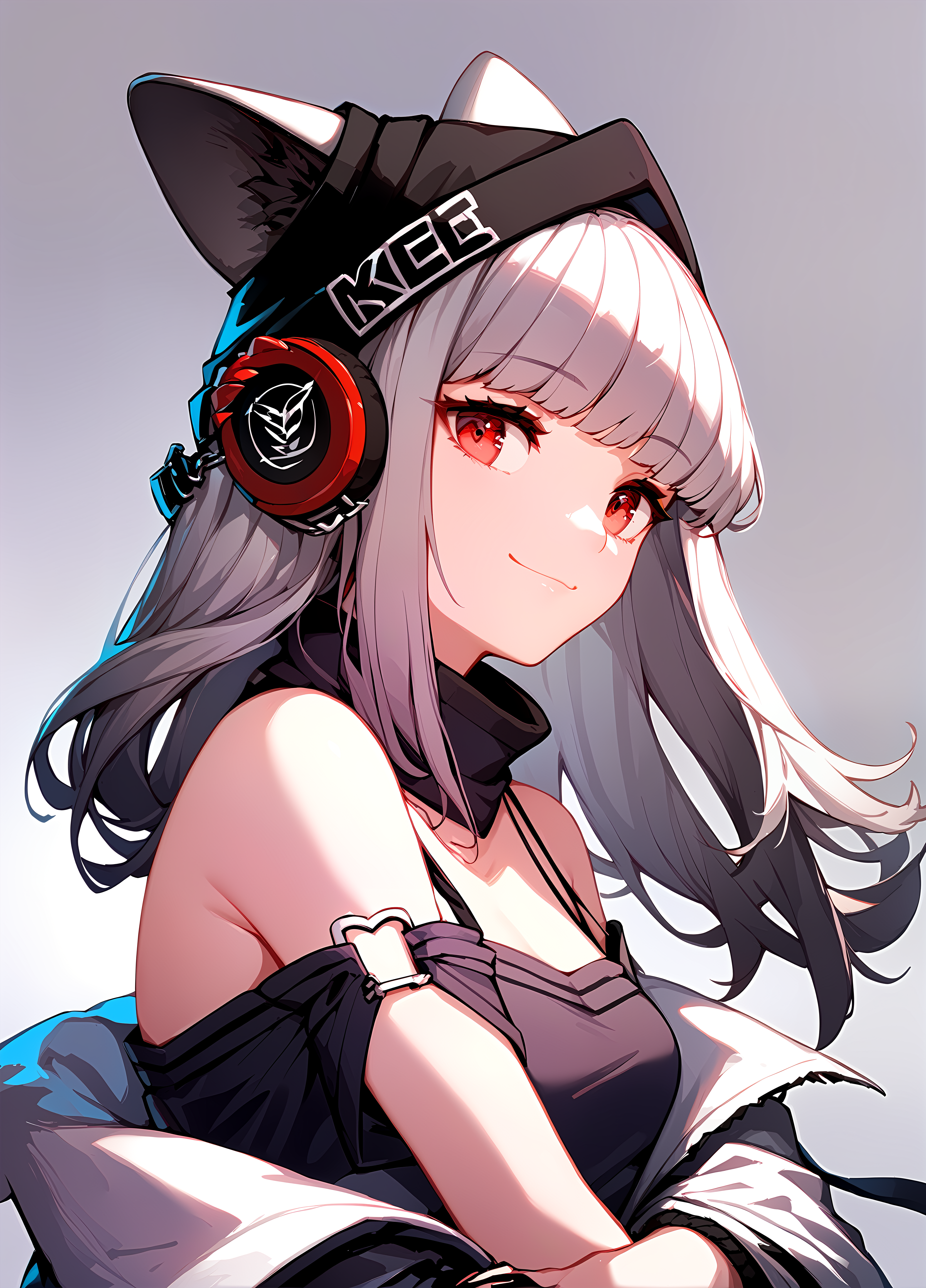 (score_9, score_8_up, score_7_up), 1girl, solo, frostleaf, red headphones, beanie, off shoulder, bare arms, upper body, white background, smile, closed mouth, oripathy lesion (arknights), <lora:frostleaf-akPO-v1c:0.8>