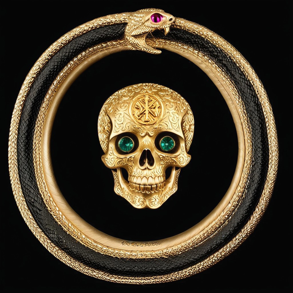 Black and gold medallion featuring a skull and crossed bones symbol in the center of the medallion, skull_graphics,  a golden ouroboros on the outer edge of the medallion. the boarder around the medallion is a snake eating its tail, intricate engraved black background, very detailed, high resolution. Rubies are used for the skull eyes. A green emerald is used for the snake’s eye.