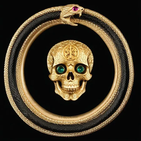 Black and gold medallion featuring a skull and crossed bones symbol in the center of the medallion, skull_graphics, a golden ouroboros on the outer edge of the medallion. the boarder around the medallion is a snake eating its tail, intricate engraved black background, very detailed, high resolution. Rubies are used for the skull eyes. A green emerald is used for the snake’s eye.