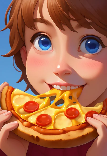 score_9, score_8_up, score_7_up, masterpiece, best quality, detailed eyes, detailed face, perfect eyes, high detailed, absurdres, highres, casual game art, mobile game art, merge 3 game art, character design, mgas, BREAK 1girl, kid, solo, detailed face, detailed eyes, pretty, smile, teeth, brown hair, big blue eyes, bangs on the side, ear, tongue, blush, slice of pizza with cheese, stretching cheese, stringy cheese, eating slice of pizza, a slice of pizza in her mouth, looking to the right, close photo, close-up shot, close up shot
