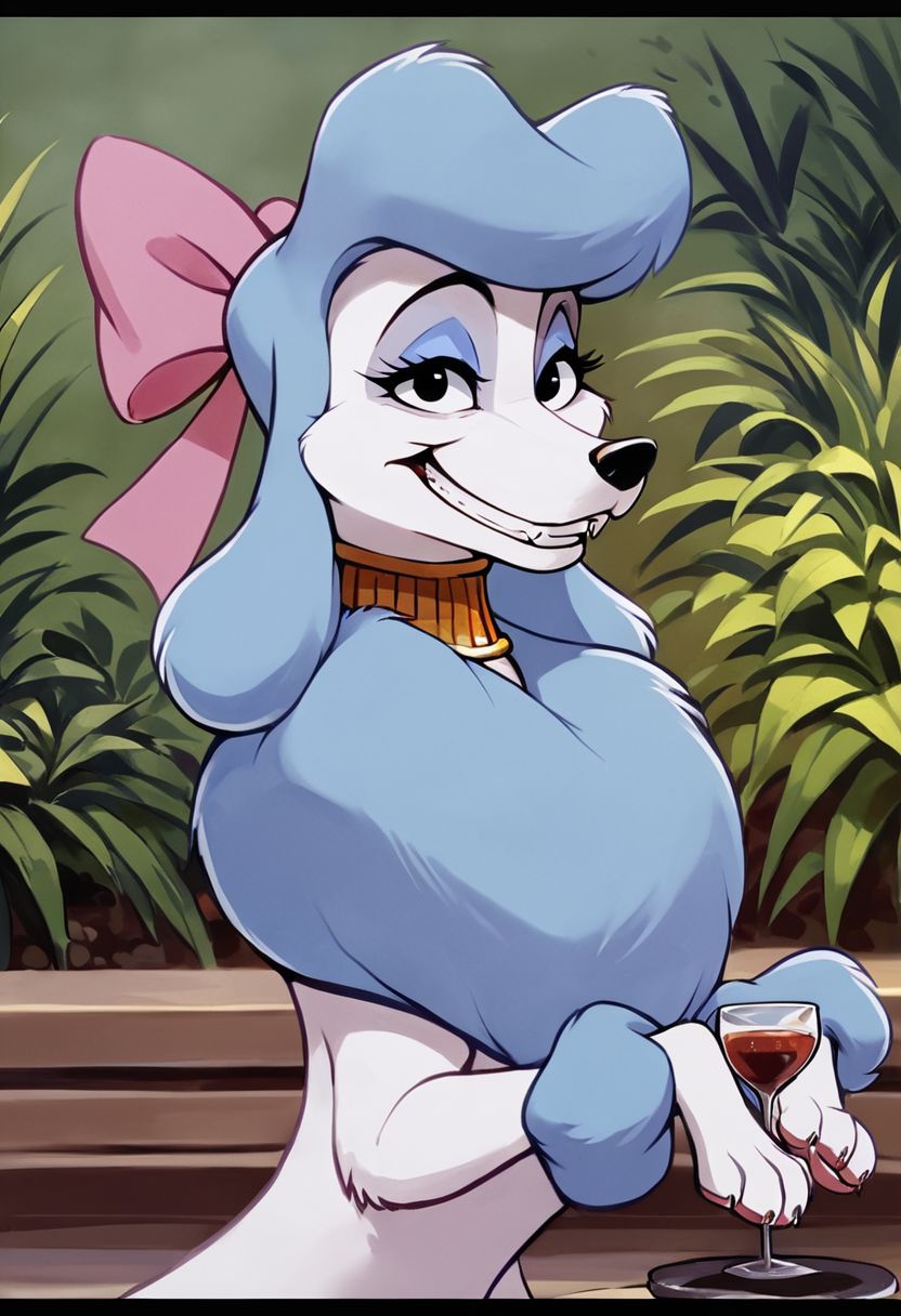 score_9,score_8,score_7,source_furry,
<1girl:1.5>,
<solo:1.5>,
georgette_oliver, georgette_poodle, 1girl, solo, furry female, furry, smile, bow, pink bow, hair bow, cup, letterboxed, parody, plant, grin, breasts, jewelry, style parody, upper body, teeth, poodle_girl, feral, dog, canine, poodle, sfw, safe,meme, Grimace,
detailed,
4k,
8k,
full hd,