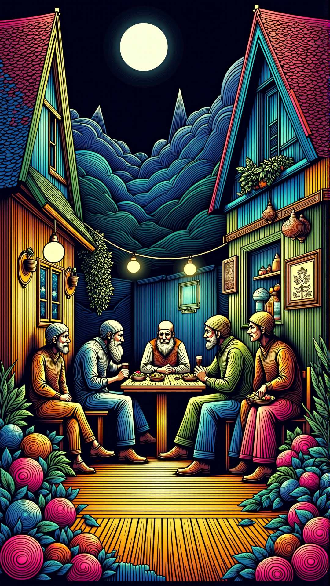 lineart, colorful, travellers meeting at an inn for food and rest after a long journey<lora:NoctichromeFlux:1>