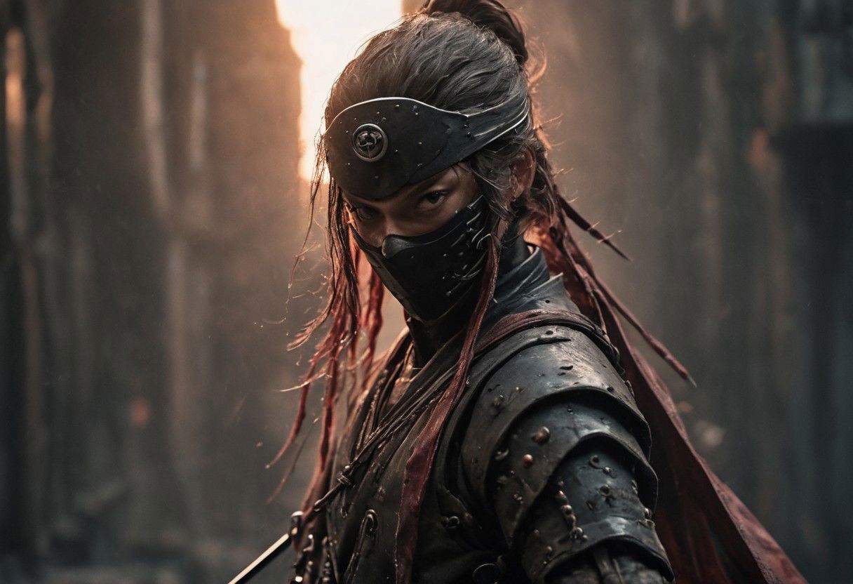 Super Closeup Portrait, Craft a compelling story inspired by the dystopian scene depicted in the photo, showcasing a blindfolded shinobi skillfully wielding swords to intercept brilliantly colored blades cascading from above. Explore the stark contrast between the ominous, dystopian backdrop and the vibrant, transparent blades in descent. Dive into the emotions, obstacles, and enigmatic ambiance conveyed by this distinctive scenario. very detailed, light red backlight, raw photo, atmospheric haze, Film grain, cinematic film still, shallow depth of field, highly detailed, high budget, cinemascope, moody, epic, OverallDetail, gorgeous, 2000s vintage RAW photo, photorealistic, candid camera, color graded cinematic, eye catchlights, atmospheric lighting, skin pores, imperfections, natural, shallow dof