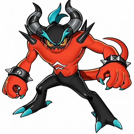 Score_7_up, score_8_up, 1boy, solo, Zavok, zeti, yellow sclera, red eyes, horns, shoulder spikes,white background, looking at viewer, dynamic pose, full body