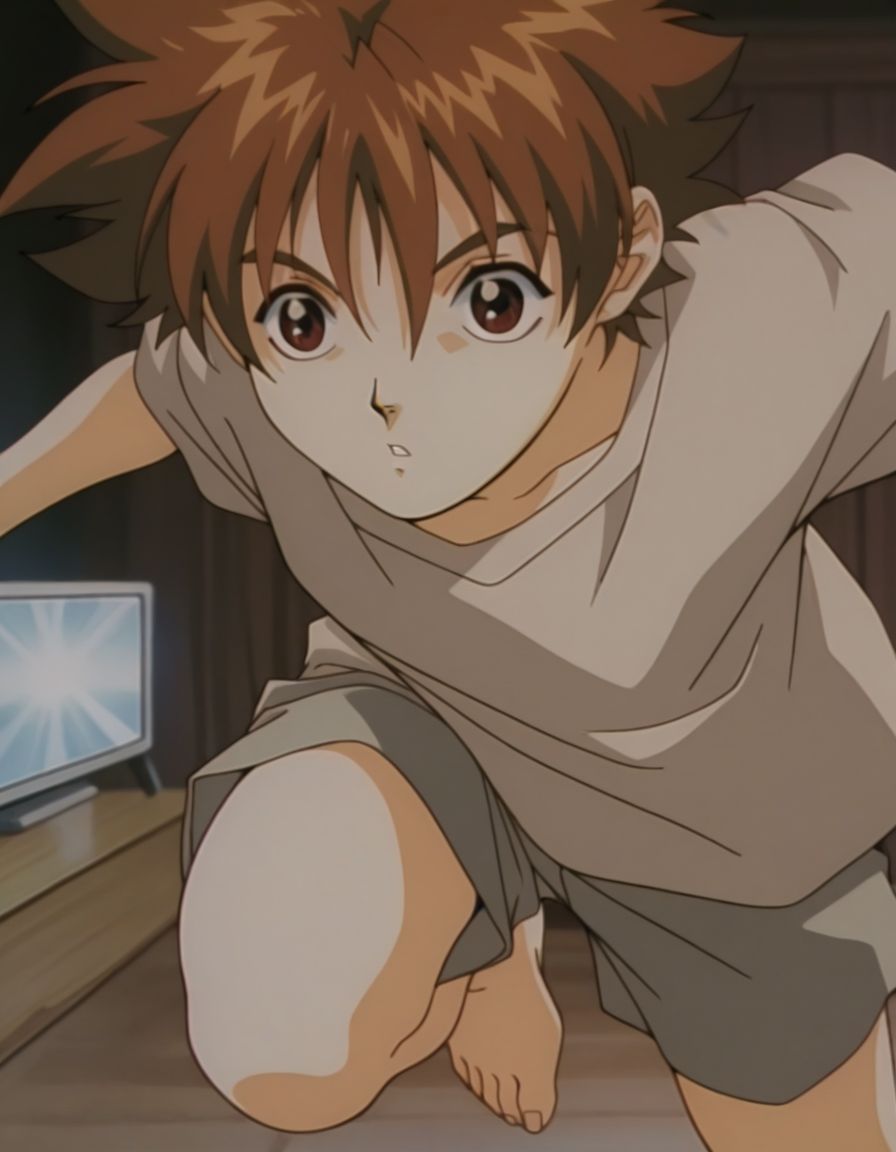 masterpiece, best quality, 1boy, solo,  <lora:Shun_Ikari:1>, sh0n, 1990s \(style\), brown hair, short hair, hair between eyes, anime coloring, brown eyes, jumping, t-shirt, shorts, flat chest, kicking the screen, barefoot, face close-up,