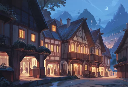 score_9, score_8_up, score_7, a painting mevicab, scenery, a painting village, houses, townhouses, square, reddish night, two moons in the background