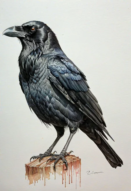 crow, pencil drawn, colored, extremely detailed, grain, (((watercolor and ink sketch))), watercolor, inkstains, very low saturation,