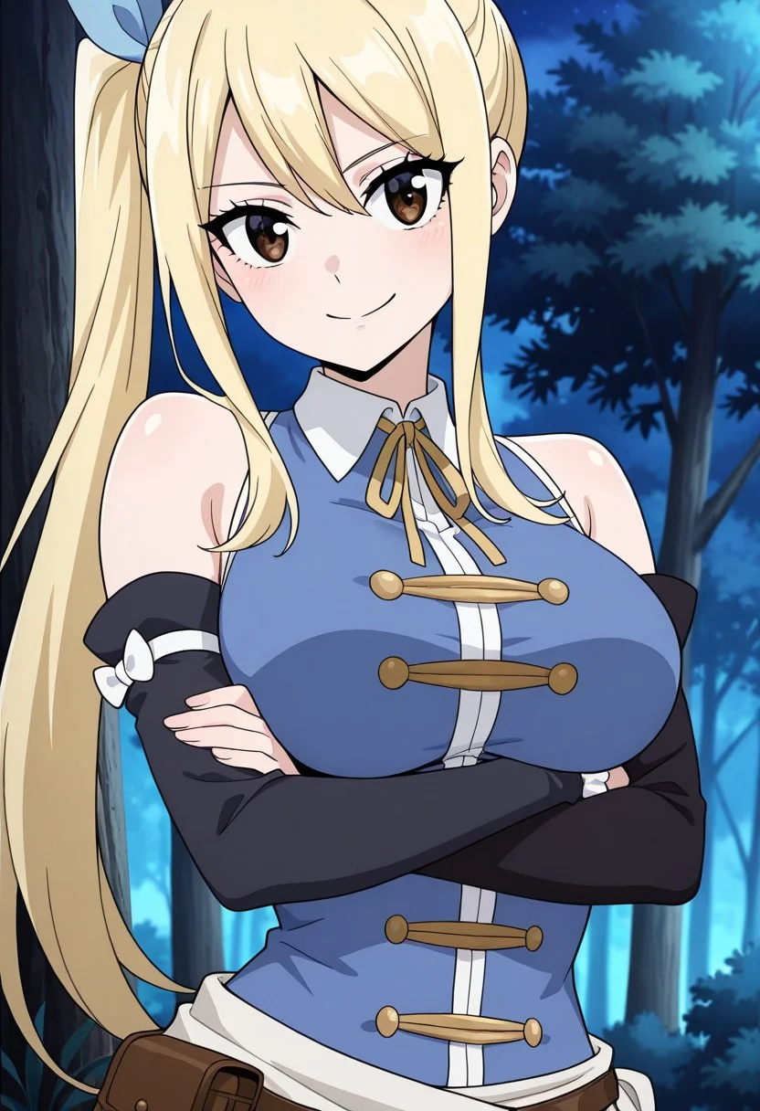 masterpiece, best quality, newest, anime screencap, 1girl, <lora:LucyHeartfiliaAvatartwo_Illu_Dwnsty:1>, lcyhrtavtrctwo, brown eyes, blonde hair, side ponytail, sidelocks, long hair, blue ribbon, hair ribbon, blue shirt, sleeveless shirt, collared shirt, yellow neck ribbon, scrunchie, single detached sleeve, black sleeve, white skirt, brown belt, belt pouch, white sash, perfect eyes, breast, shiny skin, expressive, smile, closed mouth, looking at viewer, crossed arms, erotic pose, forest, night, perfect anatomy