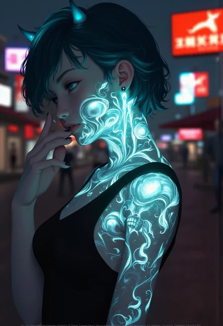 a pale punk asian women with biomechanical joints and dark green bioluminescent skull tattoos made of bio ink, black mohawk with blue tips, blue eyes, piercings, women wearing punk t-shirt and blue jean shorts, outdoor asian urban environment with neon signs, dynamic lighting, dynamic shot, extreme close-up shot