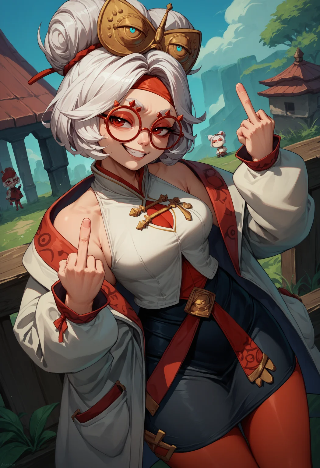 score_9, score_8_up, score_7_up, 1girl, purah, white hair, red eyes,outdoors,hair ornament, red headband, red glasses, sleeveless shirt, white coat, black skirt, red leggings, smug, middle finger,  <lora:purah-pdxl-nvwls-v1:0.8>