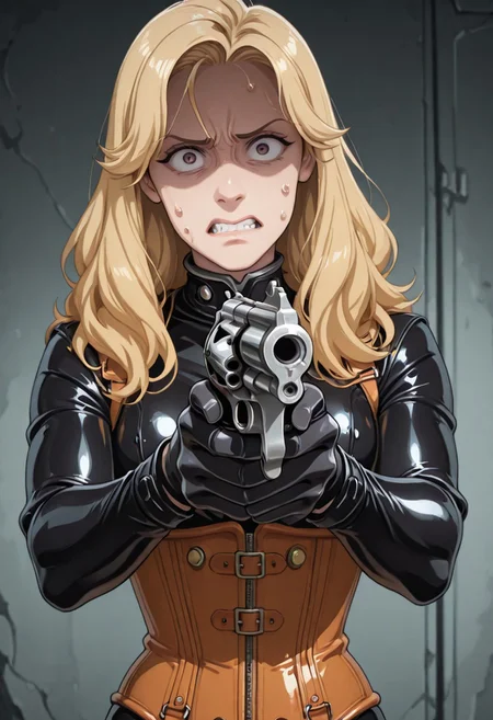 1girl, , blond hair, HW_corset, closed shiny black catsuit, posturecollar. gloves, <lora:misa-guido-okay-narancia-illustriousxl-lora-nochekaiser:1>, misa guido okay narancia, solo, looking at viewer, holding, weapon, holding weapon, gun, parody, holding gun, handgun, aiming, nervous, teeth, shaded face, clenched teeth, revolver,