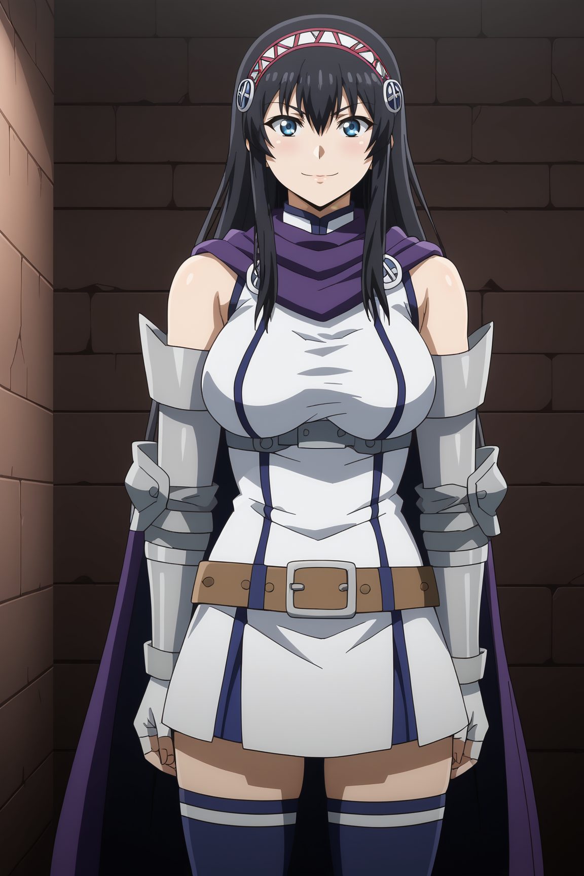 score_9, score_8_up, score_7_up, source anime, prefect lighting, very aesthetic, BREAK, anime coloring, anime screencap,
<lora:luvelia_sanctos_v1-pdv6:0.9>, 1girl, luvelia sanctos, peter grill to kenja no jikan, blue eyes, black hair, long hair, hairband, large breasts, 
luveout, dress, sleeveless, cape, elbow gloves, fingerless gloves, gauntlets, belt, thighhighs, zettai ryouiki,  boots, 
BREAK, looking at viewer, light smile, 
BREAK,