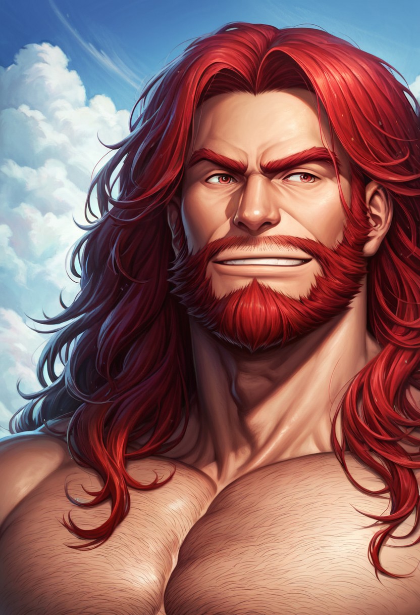 score_9,score_8_up,score_7_up, detailed face, detailed body, detailed eyes, Highest Quality, 4k, masterpiece, Amazing Details, (((portrait, ZeloLee))), solo, 1boy, muscle, big pecs, smirk face, looking to viewer, bara, face focus, red long hair, beard,