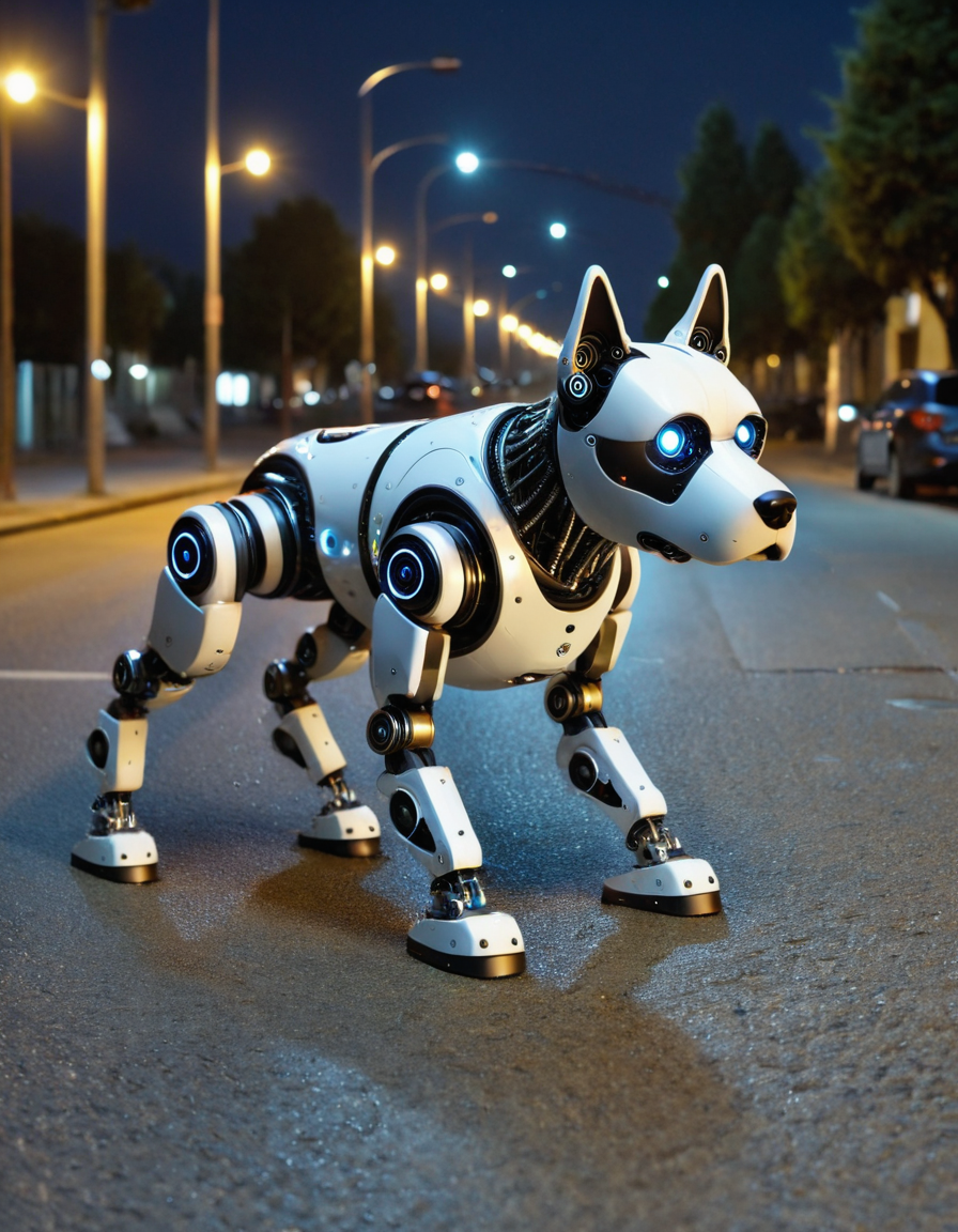 robotlora, dog, robot, walking trough empty street at night