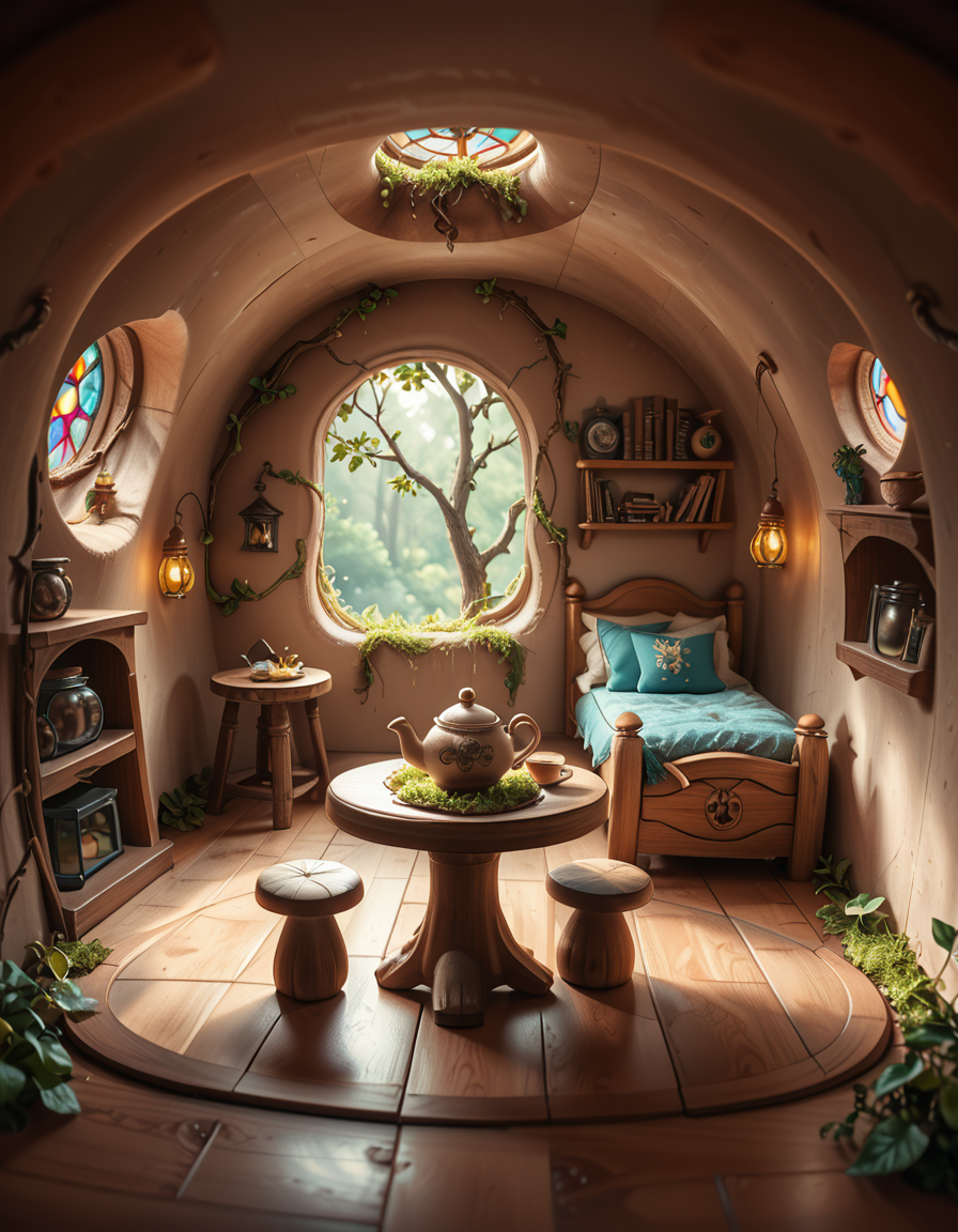 score_9, score_8_up, score_7_up,amazing quality, ultra realistic, 3D, HD, best quality, amazing quality, very aesthetic, absurdres
A highly detailed, realistic photograph of a tiny gnome house nestled at the base of an ancient oak tree, taken in soft morning light with a gentle mist hanging in the air. The house is crafted from natural materials: smooth stones form the lower walls, and curved wooden planks create a round, thatched roof with patches of moss and small wildflowers growing on top. Tiny circular windows with stained glass panels glow faintly from within, casting warm amber and green hues. A miniature wooden door with intricate carvings sits slightly ajar, surrounded by tiny lanterns that hang from delicate hooks, each softly glowing. Around the house, the forest floor is covered in dew-kissed clover, mushrooms of varying sizes and colors, and winding little cobblestone paths. In the background, tall ferns and oversized leaves tower, giving the scene an enchanted, hidden feel. Subtle rays of sunlight break through the canopy above, highlighting fine details with a dreamy, ethereal atmosphere. Hyper-realistic style, high-resolution, rich earthy tones, with an overall cozy and magical woodland vibe. No creatures or people, only nature and the charming architecture of the gnome's home.
<lora:SDXLFaeTastic2400:0.4> <lora:extremely_detailed:0.4> extremely detailed,tiny gnome h0us3 <lora:tiny_gnome_h0us3-p:1>