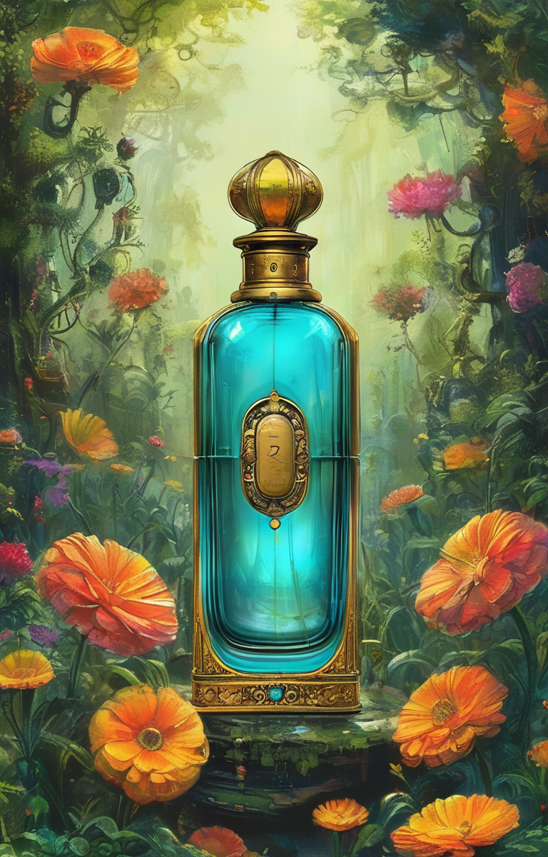 masterpiece,best quality,<lora:tbh324-sdxl:0.9>,illustration,style of Afrofuturism, A bottle of perfume in garden