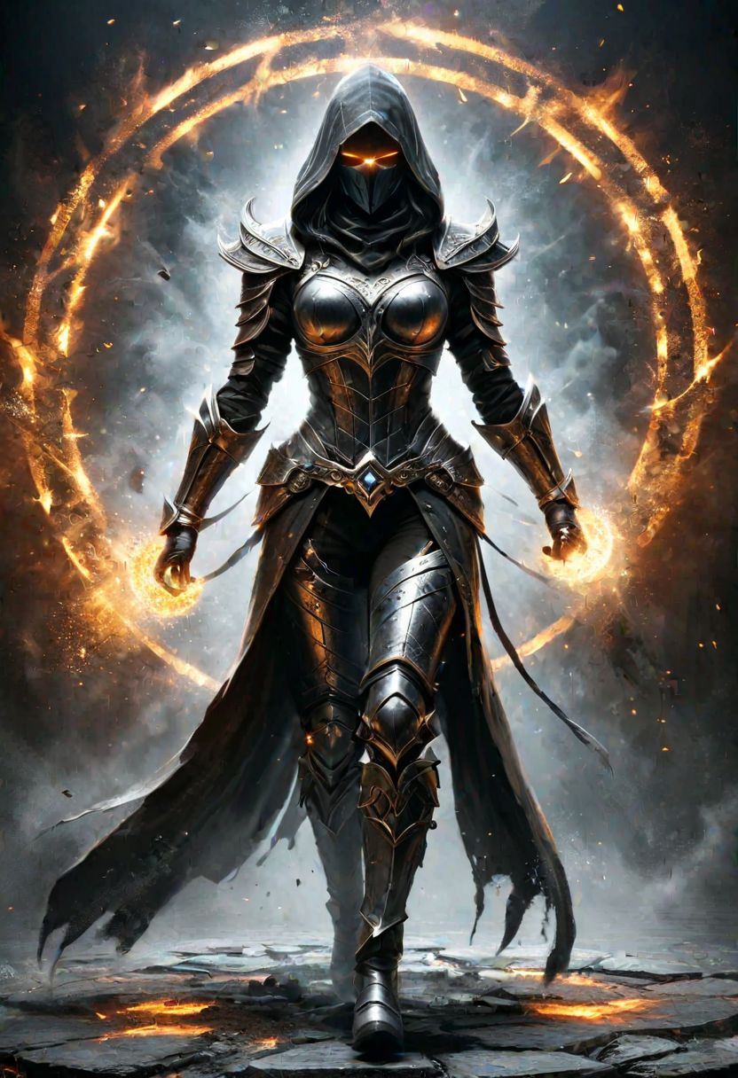 Digital painting. Full body. In a dark fantasy dungeon, a mysterious female ,  muscular, dark canvas clothes, canvas hood, war mask, silver ornaments. Runic tattoos. Mystic power. glowing eyes. Power Runic circle. Dimensional portal. Sensual and dangerous. ais-darkpartz. colorful. DarkFantasy