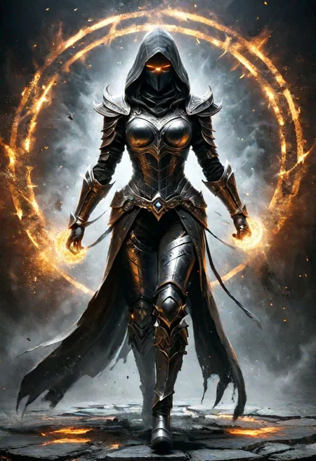 Digital painting. Full body. In a dark fantasy dungeon, a mysterious female , muscular, dark canvas clothes, canvas hood, war mask, silver ornaments. Runic tattoos. Mystic power. glowing eyes. Power Runic circle. Dimensional portal. Sensual and dangerous. ais-darkpartz. colorful. DarkFantasy