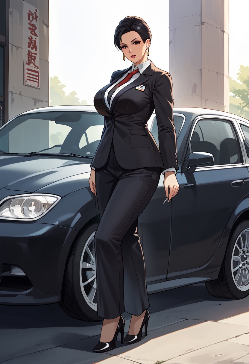 score_9, score_8_up, score_7_up, Leaning against a vintage car, she holds a classic camera, capturing timeless moments with her lens, <lora:Miyako_Dead_or_Alive:0.7> myk-doa, 1girl, solo, black hair, large breasts, brown eyes, formal suit, looking at viewer, earrings, high heels, makeup, lipstick