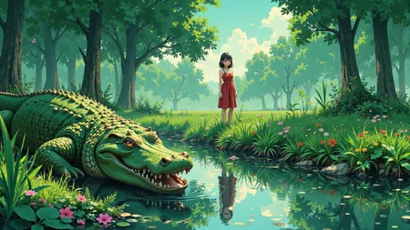 a crocodile in a swamp beautiful anime landscape, noon, woman, very intricate, very detailed, sharp, bright, colorful, <lora:Hand v2:0.5> <lora:Anti-Blur:1><lora:Insane Detail Slider:0.25> <lora:flux.1_lora_flyway_Epic-detail_v2:0.3> <lora:fluxenhancer:0.25> <lora:ROWER:0.8> <lora:Flux_Anime_Retro_Style:0.7> retroanime