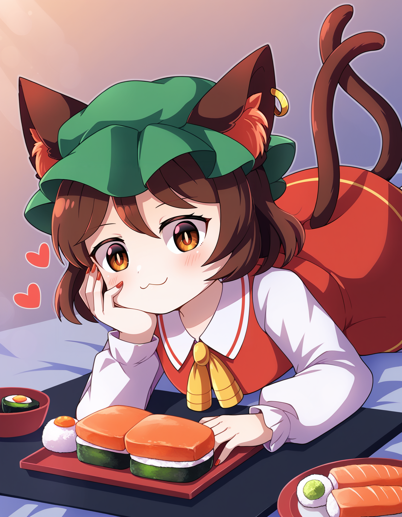 score_9, best quality, masterpiece, uncensored, source_anime
BREAK
chen, 1girl, :3, animal ear fluff, animal ears, blush, brown eyes, brown hair, cat ears, cat tail, closed mouth, dress, earrings, eyelashes, fish (food), food, green headwear, hat, heart, jewelry, long sleeves, looking at viewer, lying, mob cap, multiple tails, nail polish, nekomata, nigirizushi, on stomach, red dress, red nails, shirt, short hair, single earring, solo, sushi, tail, two tails, white shirt
<lora:dt_pony_v1:1>