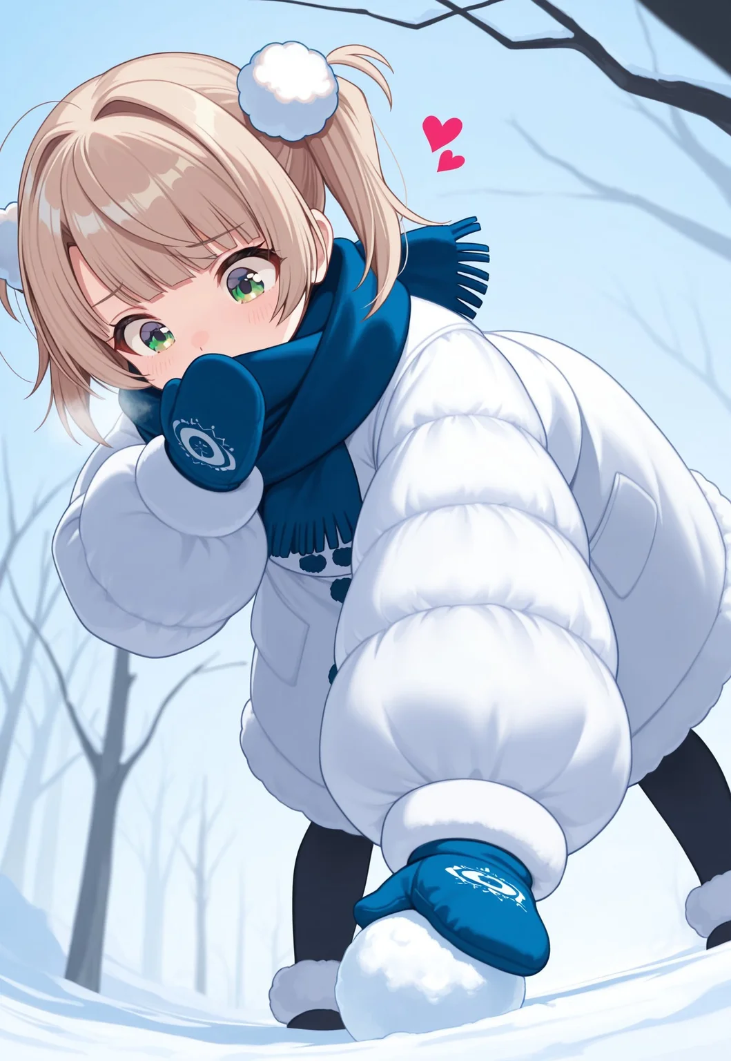 masterpiece,best quality,amazing quality, Shigure_Ui, 1girl, solo, full_body,full_body, from_below, looking_down, hand_over_mouth, holding_laughter, foot_forward, dynamic_pose, standing_on_snow, holding_snowball,winter_clothes, white_coat, fluffy_coat, puffy_jacket, fluffy_sleeves, blue_scarf, mittens, hair_bow, heart_hair_ornament, short hair,light brown hair,twintails,hair intakes,bangs,green eyes pom pom hair ornament, cute, dynamic_angle, high_detailed, anime_style
