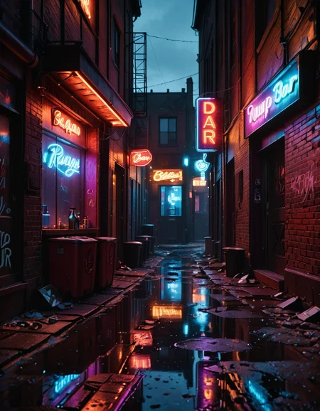 A highly detailed and realistic photograph of a dark alleyway behind a bar at night. The narrow passage is dimly lit by a flickering neon sign casting a moody red and blue glow onto the wet pavement. The walls are made of old, weathered brick covered in graffiti, with metal fire escapes zigzagging above. Trash bags and discarded crates are scattered along the alley, and a few puddles reflect the neon lights, adding depth to the scene. A single, dented metal door with a small, barred window leads into the back of the bar, with a faint warm light seeping through the cracks. The air is thick with mist, and the distant hum of the city is broken only by the occasional drip of water from a rusted drainpipe. A sense of mystery and urban grit fills the atmosphere, evoking a cinematic, noir-style aesthetic.
<lora:SDXLFaeTastic2400:0.4> <lora:extremely_detailed:0.4> extremely detailed, <lora:all3yway-ill:1>,all3yway, Masterpiece,best quality,hi res,8k,hi res,8k,award winning,(sharp focus, intricate, highly detailed),