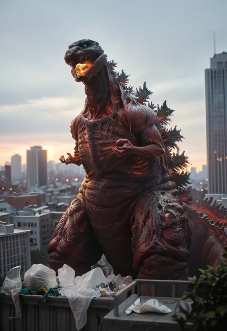 Score_9, score_8_up, score_7_up, score_6_up, zPDXL3, wide shot, monster focus, BREAK, realistic,hyperrealism,ornate,studio photograph, Godzilla kaijuu,gigantic monster, model_buildinga, model_kit_(medium), city skyline, plastic buildings, forced perspective, redsky, black clouds, yellow full moon, blurry background, building, outdoors, night,