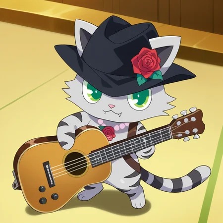 drawing, flat color, high quality, highres, good anatomy, detailed hands, detailed face, detailed fur, 2d, anime, ((source_furry, score_9, score_8_up, score_7_up, score_6), by darkgem, (Sharp focus, masterpiece, 8k, intricate artwork, hyper detailed, high detail), ((chunie)), 
tour, gray fur, star necklace, furry, furry male, flower, rose, hat, instrument, no humans, guitar, green eyes, solo, red rose, red flower, cat, furry male, necklace, jewelry, black hat, ((rose on mouth))