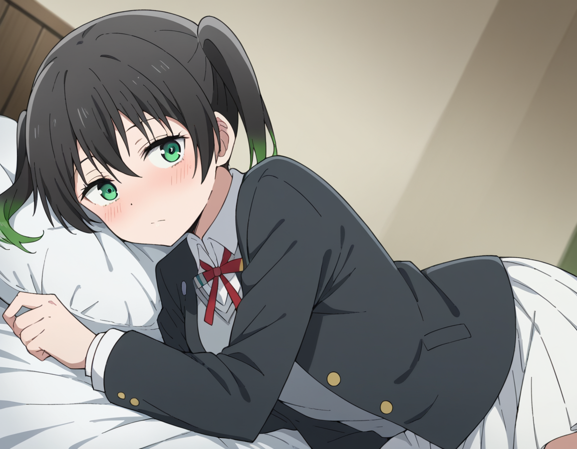score_9, score_8_up, score_7_up, source_anime, <lora:yuu-takasaki-s2-ponyxl-lora-nochekaiser:1>, yuu takasaki, bangs, black hair, hair between eyes, twintails, green eyes, multicolored hair, green hair, medium hair, two-tone hair, gradient hair,, skirt, long sleeves, school uniform, jacket, red ribbon, black jacket, blazer, nijigasaki academy school uniform, white skirt,, indoors, bed, bed room, on side, blush, drunk, looking at viewer, solo,, cowboy shot, dutch angle