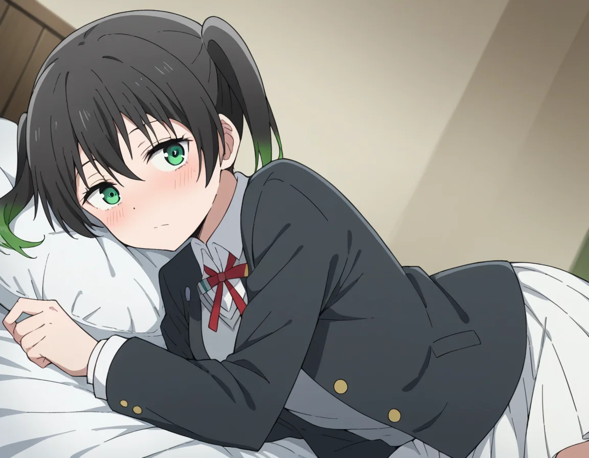 score_9, score_8_up, score_7_up, source_anime, <lora:yuu-takasaki-s2-ponyxl-lora-nochekaiser:1>, yuu takasaki, bangs, black hair, hair between eyes, twintails, green eyes, multicolored hair, green hair, medium hair, two-tone hair, gradient hair,, skirt, long sleeves, school uniform, jacket, red ribbon, black jacket, blazer, nijigasaki academy school uniform, white skirt,, indoors, bed, bed room, on side, blush, drunk, looking at viewer, solo,, cowboy shot, dutch angle
